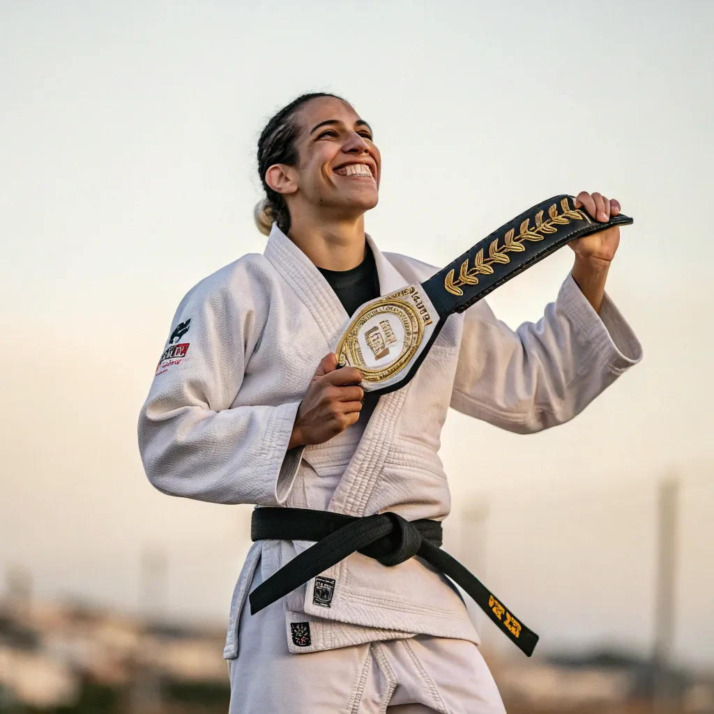 Smiling martial artist holding a belt