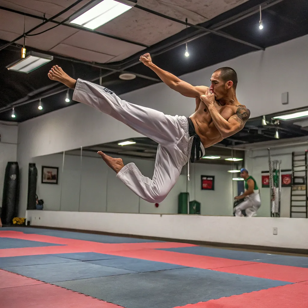 Martial artist practicing kicks